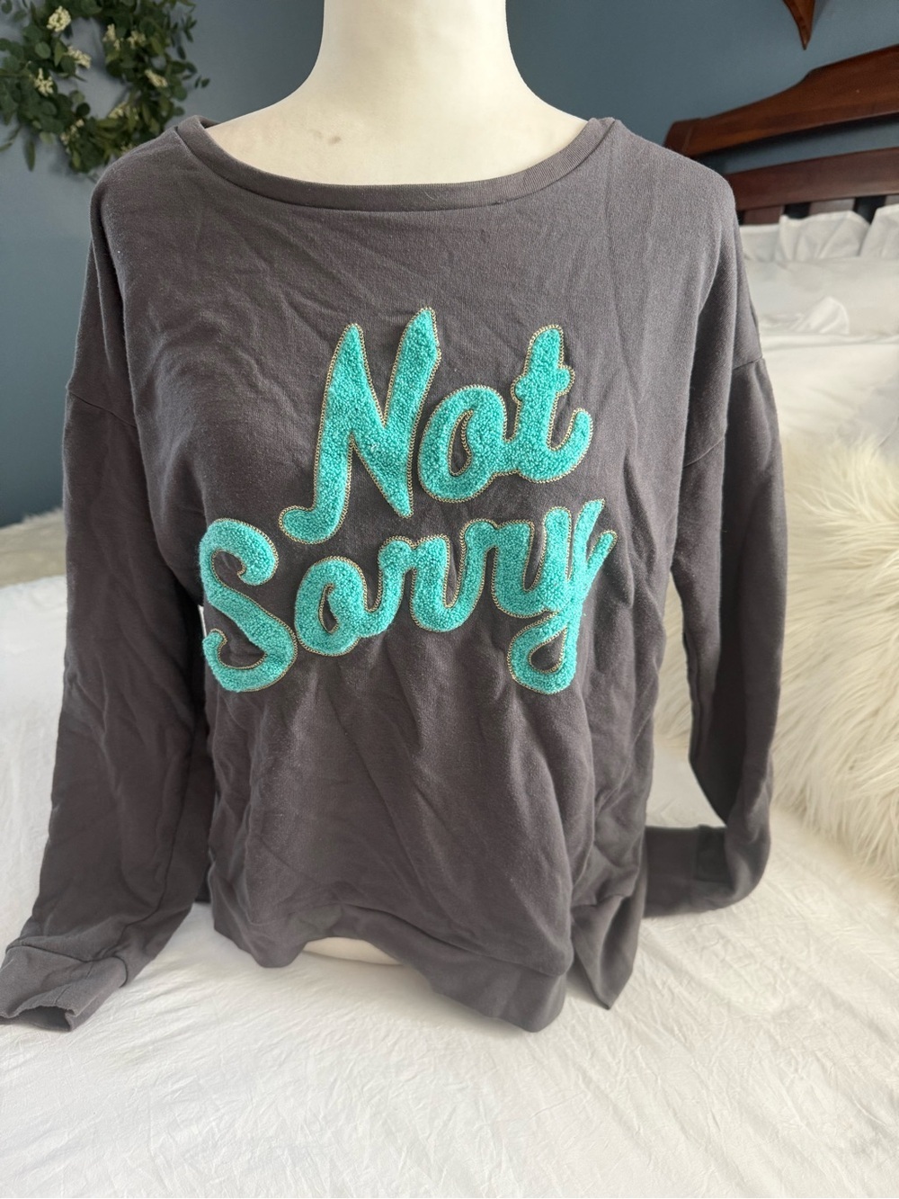 Juicy Couture Gray Sweatshirt with Turquoise 'Not Sorry' Chenille Script